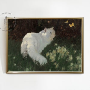 Vintage Cat Print, Cat Printable Wall Art, Cat Painting, White Cat and Butterflies, Printable Vintage Cat Nursery Print, Girls room decor