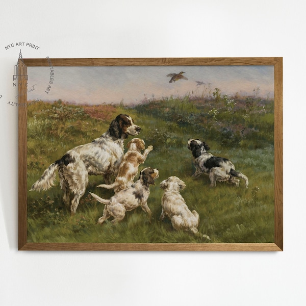 impression de chien vintage, art mural imprimable chiens, peinture de chiens, setters anglais sur le terrain, chiens de chasse Edmund Osthaus Priscilla pointeurs