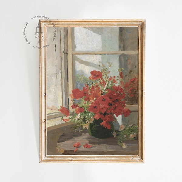 Vintage Poppy Prints,  A bouquet of poppies by the window, Vintage Flower Painting,  Poppies Art, Vintage Spring Summer Prints