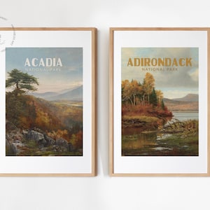 Conjunto de 2 impresiones artísticas de parques nacionales vintage, póster de parques nacionales de otoño, impresiones de viajes, parque nacional Adirondack, parque nacional Acadia