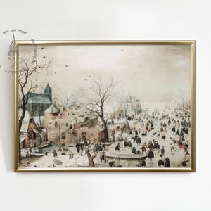 Kerstprints, vintage kerst afdrukbare muurkunst, winterdecor, winterlandschap met schaatsers, boerderij afdrukbaar CH02