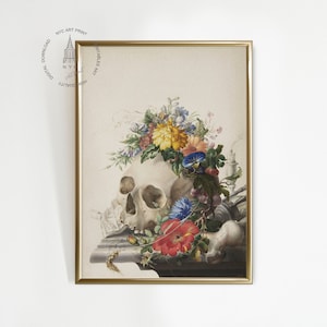Arte mural gótico, Arte de la Academia Oscura, Decoración de Halloween, Bodegón de Vanitas de Herman Henstenburgh, Pintura de calavera vintage, Jan Van Kessel 01