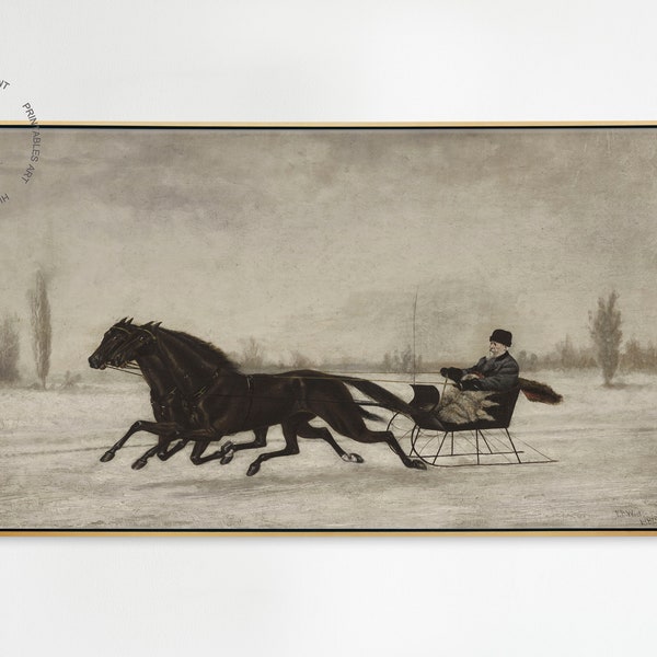 Vintage Horse Prints, Country Winter Sleigh Ride Painting, Winter Christmas Holiday Decor, Farmhouse Wall Art, Horse Decor,Horse Poster