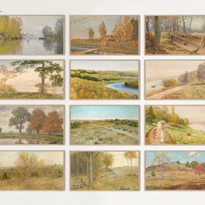 Puede incluir: Una colección de 12 pinturas de paisajes enmarcadas que representan diversas escenas de la naturaleza, incluyendo árboles, ríos y campos. Las pinturas tienen un estilo similar, con una paleta de colores suave y tenue.