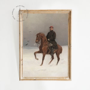 Láminas vintage de caballos de invierno, pintura de un soldado a caballo, arte mural ecuestre, decoración de caballos, decoración de granja, decoración invernal