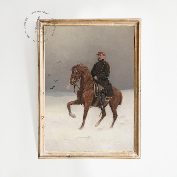 Vintage Winter Horse Prints, Mounted Soldier Horse Painting, Equestrian Wall Art, Horse Decor, Farmhouse Decor, Winter Decor