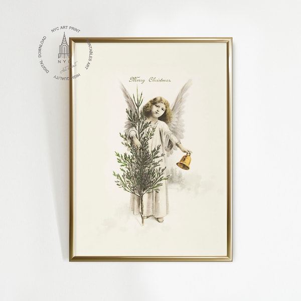 Christmas Prints, Vintage Christmas Printable wall Art, Angel Holding A Christmas Bell Wallach, Christmas Angel, Farmhouse Printable CH03