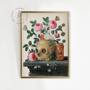 Arte de pared gótico, arte académico oscuro, decoración de Halloween, naturaleza muerta de Vanitas, pintura de calavera vintage, naturaleza muerta de calavera y rosas de Jan Van Kessel 2