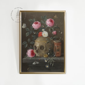 Arte mural gótico, arte de la academia oscura, decoración de Halloween, bodegón de Vanitas, pintura de calavera vintage, Jan Van Kessel, bodegón de calaveras y rosas