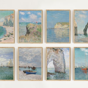 Juego de 8 impresiones de pared con diseño de paisaje marino vintage, pintura de Claude Monet, impresiones náuticas, decoración costera para el hogar, impresiones de verano, impresiones de playa