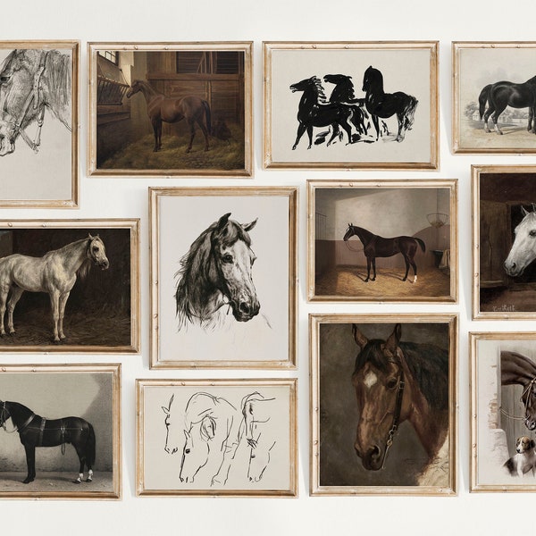 Set of 12 Vintage Horse, Horse Prints, Vintage Horse Painting, Equestrian Wall Art, Horse Decor, Rustic Decor,Horse Poster