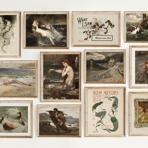 Vintage Mermaid Gallery Wall Print Set of 12, Vintage Nautical Coastal Home Decor, Coastal Prints, Nautical Prints, Mythology Prints