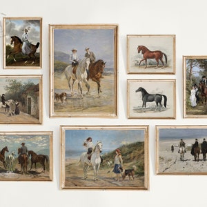 Set of 9 Vintage Horse, Horse Prints, Vintage Horse Painting, Equestrian Wall Art, Horse Decor, Rustic Decor,Horse Ride along the Beach