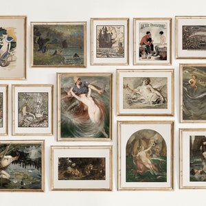 Vintage Mermaid Gallery Wall Print Set of 14, Vintage Nautical Coastal Home Decor, Coastal Prints, Nautical Prints, Mythology Prints