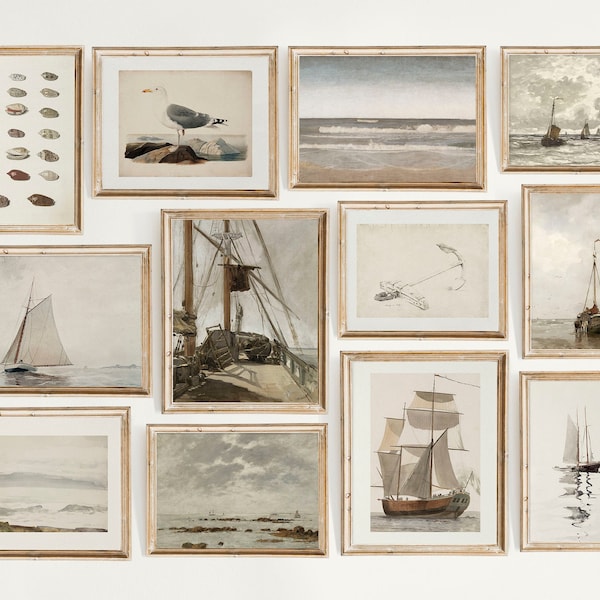 Vintage Seascape Gallery Wall Print Set of 12, Vintage Nautical Coastal Home Decor Printable, Coastal Prints, Nautical Prints, Antique Print