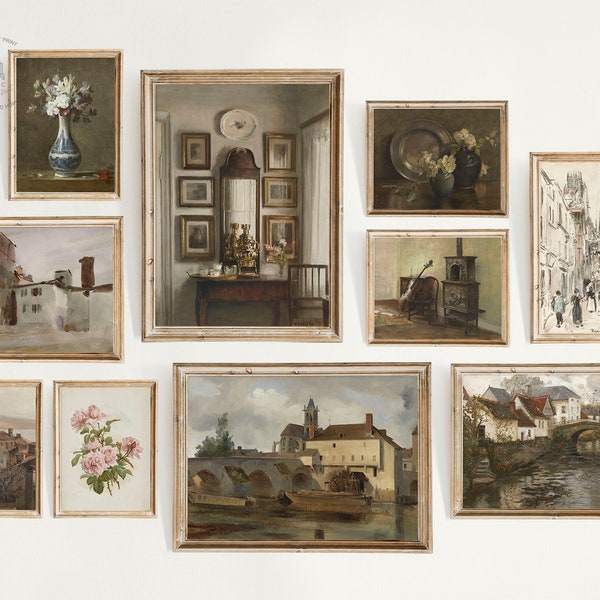 Vintage European Gallery Wall Set of 10, French Country Decor, Neutral Home Decor, Antique Prints, Warm Aesthetic Wall Art