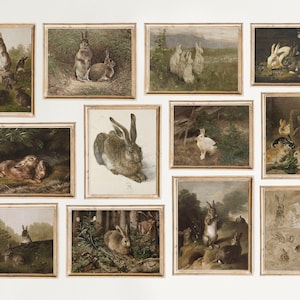 Vintage Spring Gallery wall Set of 12, Antique Rabbit Painting, Vintage Easter Prints, Bunnies Prints, Farmhouse Decor, Printable Wall Art