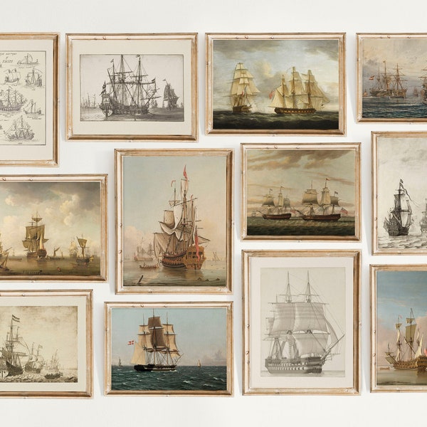 Vintage-Kriegsschiff-Wandkunst-Set mit 12 Stück, Segelschiff-Drucke, nautische Meereslandschafts-Wandkunst, Man O War, Marine-Kriegsschiff, britisches Schlachtschiff HMS Hood