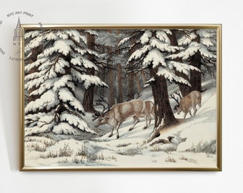 Christmas Print, Vintage Winter Scene Printable Wall Art, Winter Deer Print, Reindeer in Snowy Forest Print, Vintage Reindeer Painting CH22