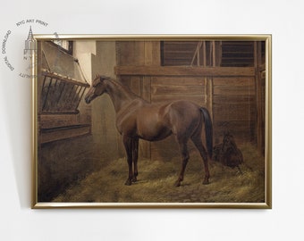 Láminas de caballos vintage, pintura de caballos, arte mural ecuestre, decoración ecuestre, caballos marrones en un establo, ecuestre vintage, Fritz Thomsen A002