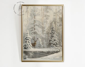 Christmas Prints, Vintage Christmas Printable wall Art, Winter Deer Print, Country Christmas Vintage Painting, Farmhouse Printable CH15