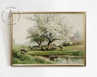 Vintage lentelandschap muurkunst print, lentedecor, vintage bloesemboom, pastoraal landschap, schilderij schapen in het voorjaar