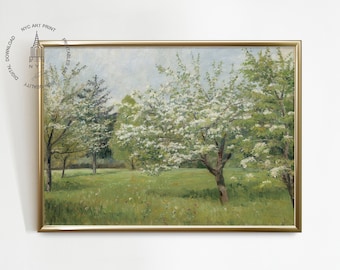 Vintage lente landschap muurkunst print, lente decor, vintage bloesemboom, lente fruitbomen in bloei, bloeiende bomen schilderij