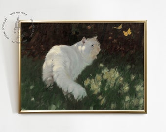 Vintage Cat Print, Cat Printable Wall Art, Cat Painting, White Cat and Butterflies, Printable Vintage Cat Nursery Print, Girls room decor