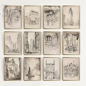Vintage New York Gallery Wall Print Set von 12, NYC Antike Skizzen, New York City Drucke, Vintage NYC Zeichnungen, Stadtbild Print Set
