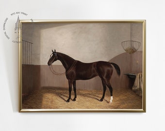 Láminas de caballos vintage, pintura de caballos, arte mural ecuestre, decoración ecuestre, caballo marrón en un establo, lámina ecuestre vintage, A007