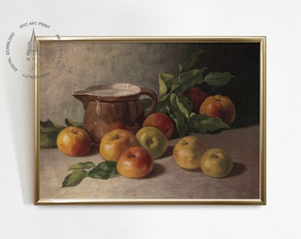 May include: A still life painting of a brown ceramic pitcher with a white rim and a group of apples in various shades of red, yellow, and green. The apples are arranged on a table with green leaves.