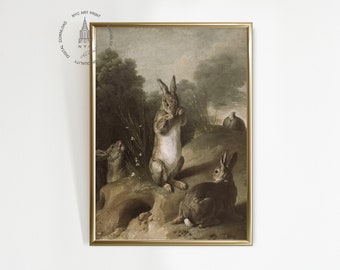 impression de lapin vintage, peinture antique de lapin, impression de Pâques, impression de lapins, art mural imprimable lapins, impression de lièvre, lièvre dans la prairie RB11