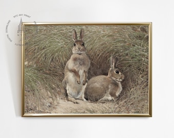 Vintage Rabbit Print, Antique Rabbit Painting, Vintage Easter Print, Bunnies Print, Hare Printable Wall Art, Bunnies in a Field Print RB02