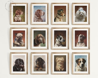 Vintage Dogs Gallery Wall Set of 12, Dogs Print, Vintage Dog Painting, Dog Wall Art, Dog Decor, Farmhouse Decor, Dog Poster