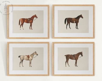 Vintage paard galerij muur set van 4, paardenafdrukken, vintage paard schilderij, kunst aan de muur ruiter, decor paard, boerderij decor, poster paard
