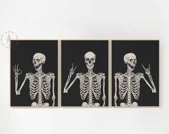Halloween Art Print, Set of 3, Halloween Poster,  Halloween decor, Fall decor, Halloween skeleton, posable skeleton for Halloween