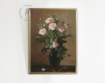 Vintage Flowers Still Life Print, Botanical Wall Decor, Vintage Botanical Flower Print,  Roses Painting, Bouquet of Roses in a Vase