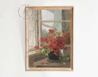 Láminas vintage de amapolas, un ramo de amapolas junto a la ventana, pintura floral vintage, arte de amapolas, láminas vintage de primavera y verano
