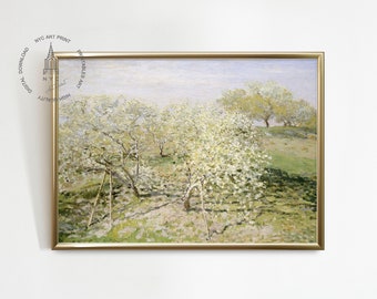 Vintage lentelandschap muurkunst print, lentedecor, vintage bloesemboom, lentefruitbomen in bloei, Claude Monet