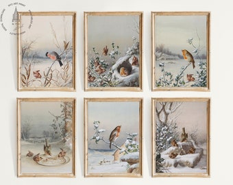 Vintage Winter Bird Art Gallery Wall Set of 6, Bird Prints, Bird Painting, Winter Decor, Winter Bird Printable, Birds in the Snow Painting