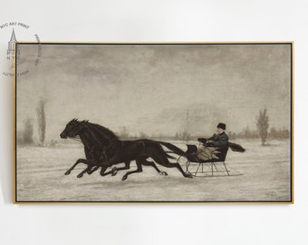 Vintage Horse Prints, Country Winter Sleigh Ride Painting, Winter Christmas Holiday Decor, Farmhouse Wall Art, Horse Decor,Horse Poster