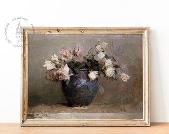 Vintage Botanical Still life Print, Vintage Flower Floral Roses oil Painting Wall Art Printing, Flower Art, Rustic European Printable