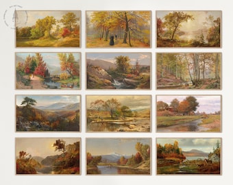 May include: A collection of 12 framed landscape paintings depicting autumn scenes with trees, rivers, and mountains. The paintings are in a rustic style with warm colours like brown, orange, and yellow.