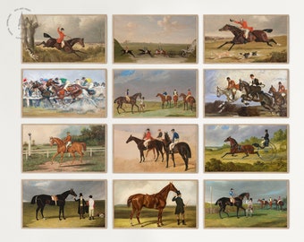 May include: A collection of 12 vintage paintings depicting horse racing scenes. The paintings feature horses, riders, and spectators in various settings, including a racetrack, a field, and a forest. The paintings are framed in brown wood frames.