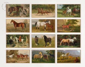 May include: A collection of twelve vintage paintings depicting horses in various settings. The paintings are framed in a simple, light brown frame. The paintings feature horses of different colors and breeds, including brown, white, and black horses. Some of the paintings feature horses with their foals.