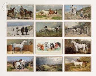 May include: A collection of 12 vintage paintings featuring horses in various settings. The paintings depict horses in fields, on beaches, and in stables. Some paintings feature riders, while others show horses alone. The paintings are all in a similar style, with a focus on realism and detail.