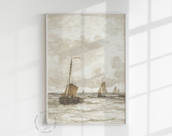 May include: A watercolor painting of three sailboats on a calm sea. The sky is a light brown color with white clouds. The sailboats are brown and white.