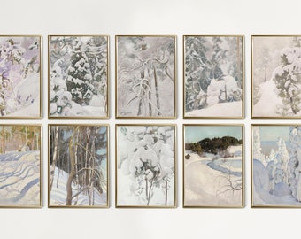 Juego de 10 impresiones invernales para pared, arte de pared vintage imprimible, decoración invernal, impresiones navideñas de invierno, rústico nevado, árbol nevado