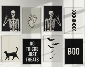 Gallery Wall Set of 8 Halloween Art Print, Halloween Poster,  Halloween Decor, Fall decor, Halloween Skeleton, Posable Skeleton Prints