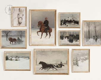 Set of 9 Vintage Winter Horse, Horse Prints, Vintage Horse Painting, Equestrian Wall Art, Horse Decor, Rustic Decor, Farmhouse Wall Art